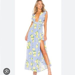 Majorelle Sweet Pea Ruffle Sleeveless Maxi Dress Deep V Blue Lemon Size medium